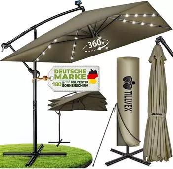 tillvex Ampelschirm rechteckig Ø330cm LED Solar, Aluminium, braun (TVESNS-011)