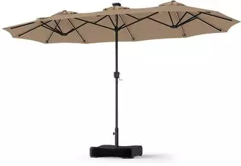 Costway Doppelsonnenschirm 370x200cm mit Ständer, LED-Solar, braun (ZB35888OR)
