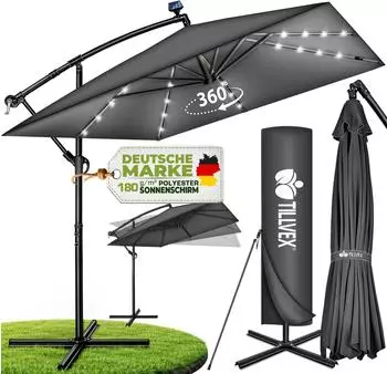 tillvex Ampelschirm rechteckig 330cm LED Solar anthrazit, 360° drehbar (TVESNS-009)