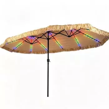Costway Doppel-Sonnenschirm Solar-LED 450x260cm, PE-Stroh Hawaii, 12 Lichtmodi (ZB35665NZ-O)