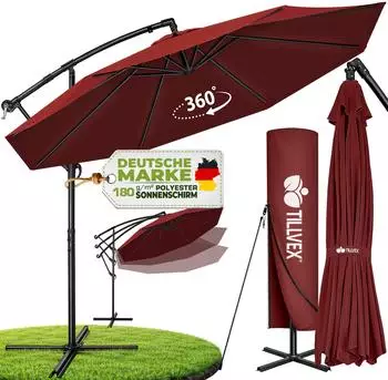 tillvex Sonnenschirm &Oslash; 350cm mit Kurbel, Abdeckung & Windschutz, UV UPF 50+, Aluminium, rot (TVSNS-012)