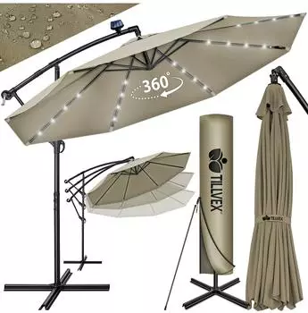 tillvex Ampelschirm LED Solar Ø 350cm, Aluminium, braun, mit Kurbel & Ständer (TVSNS-023)