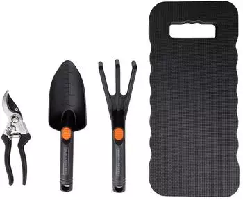 Black & Decker Gartenwerkzeug-Set 4-teilig, Knieschoner, Gartenschere, Schaufel, Kultivierer