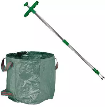 Relaxdays Unkrautstecher mit Gartenabfallsack, 99cm, grün (10048139)