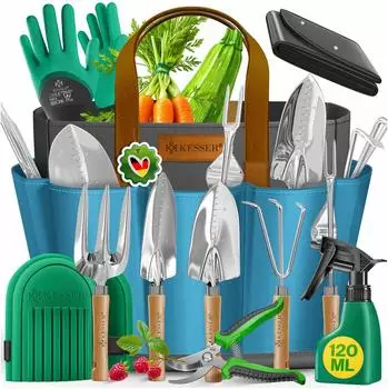 Kesser Gartenwerkzeug-Set 10-teilig, Holzgriffe, mit Tasche & Knieschoner (33906_mfn)
