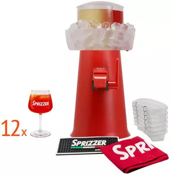 Sprizzer Aperol Spritz Maschine / Dispenser & Mischer mit 12 Gläsern + roter Tragetasche rot