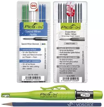 Vasalat Pica Dry Tieflochmarker Set, 10 Ersatzminen Graphit 2B + 8 Ersatzminen wasserstrahlfest blau/wei&szlig;/gr&uuml;n (PICA DRY+perm.&Graphit Mine+VAS St.)