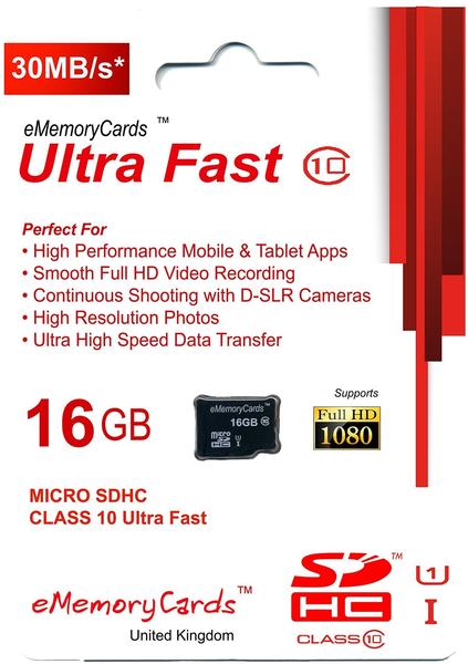 eMemoryCards 16GB Ultra-schnell-Klasse 10 Micro SD SDHC Speicherkarte für Sony Cybershot DSCWX60 Kamera
