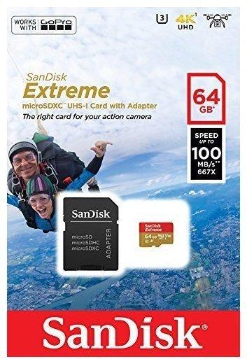 SanDisk microSDXC Extreme Action 64GB Class 10 100MB/s UHS-I U3 V30 A1 + SD-Adapter