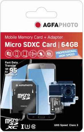 AgfaPhoto microSDXC 64GB Class 10 UHS-I U3 + SD-Adapter