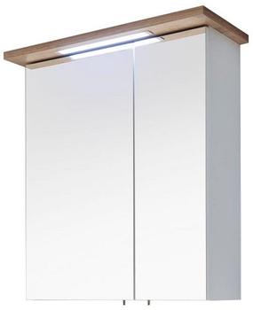 Lomadox badezimmer Spiegelschrank MALANJE-66 in weiß Glanz & Riviera Eiche quer Nb., mit Kranzbeleuchtung - B/H/T: 60/72/20cm