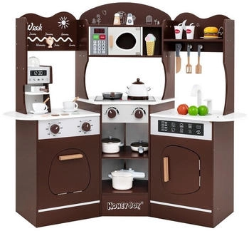 Costway Holz Eck Spielküche mit Sound, Licht, Kaffeemaschine & Rutsche braun