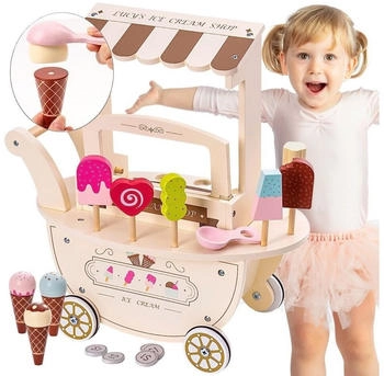 Mamabrum Hölzerne Eisdiele für Kinder - Wagen auf Rädern mit Zubehör (MAM16)