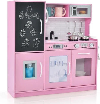 KOMFOTTEU Spielküche mit Mikrowellen Backofen Wasserbecken Kreidetafel & Eismaschine rosa (UQ21237QJDE)