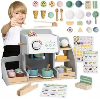Mamabrum Kinder-Küchenset Holz Konditorei & Café 2-in-1 mit Magnettafel, 70+ Teile