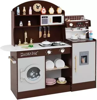 Costway Spielküche mit 27 Zubehör, Mikrowelle & Spüle, Holz, braun