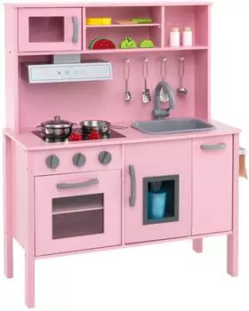 Costway Spielküche mit Spüle, Mikrowelle, Eismaschine & Backofen, 18-tlg. Zubehör, Holz, rosa, ab 2 Jahre