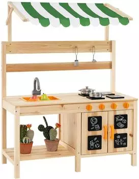 Costway Outdoor-Spielküche Tannenholz mit Überdachung (39x117x88cm)