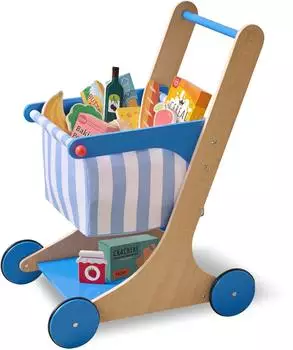 Teamson Kids Little Helper Mr. Fresh Einkaufswagen, Holz, blau, 13 Lebensmittel (T-PP-0026-00A)