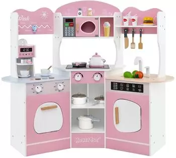 Costway Eck-Spielküche aus Holz, mit Sound & Licht, Rutsche, für Kinder 3+, rosa