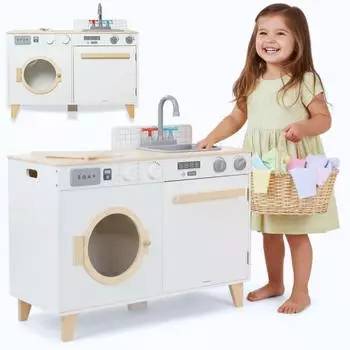 Mamabrum Kinderküche & Waschmaschine 2-in-1 Set aus Holz mit Zubehör