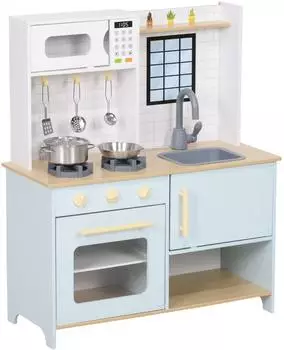 AIYAPLAY Spielküche mit Mikrowelle, Herd und Backofen, blau, Holzwerkstoff