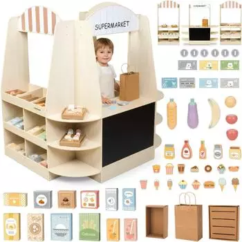 Mamabrum Holz-Supermarkt XXL, 91-tlg. Kaufladen mit Tafel, Obst & Gemüse