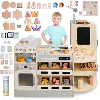 Mamabrum Holz-Kaufladen mit Kasse, Fast-Food-Theke, Kaffeemaschine, Ofen & Kühlschrank, 106 Zubehörteile
