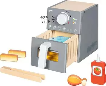 Goki Airfryer Spielzeug aus Holz, 16-teilig, Zubehör für Spielküche (51430)