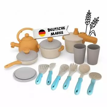 Alldoro Koch- und Geschirrset für Kinderküche, 14-teilig, Weizenstroh (60425)