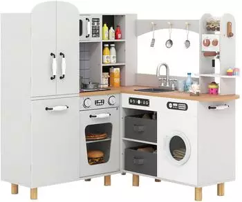 Costway Eck-Spielküche Holz mit Kühlschrank & Waschmaschine, weiß