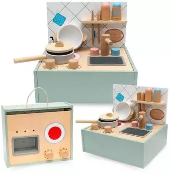 Mamabrum Faltbare Mini-Spielküche aus Holz mit Zubehör, 30x25x27cm, ab 3 Jahren