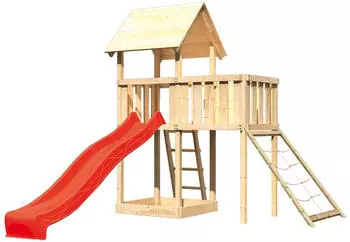 Akubi Kinderspielturm Lotti mit Rutsche und Netzrampe rot (8532)