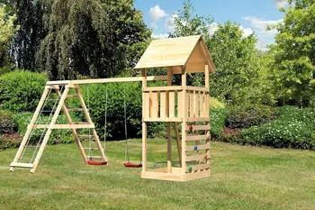Akubi Kinderspielturm Lotti mit Doppelschaukel, Kletterger&uuml;st und Kletterwand naturbelassen (8458)