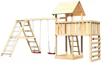 Akubi Kinderspielturm Lotti mit Doppelschaukel, Kletterger&uuml;st und Kletterwand naturbelassen (8446)