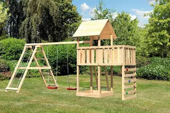 Akubi Kinderspielturm Lotti mit Doppelschaukel, Klettergerüst und Kletterwand naturbelassen (8446) – Akubi Kinderspielturm Lotti: Ein Paradies für Kinder
