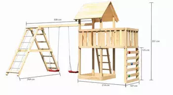 Akubi Kinderspielturm Lotti mit Doppelschaukel, Klettergerüst und Kletterwand naturbelassen (8446) – Vielseitige Ausstattung für maximalen Spielspaß