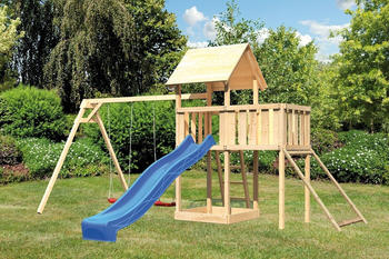 Akubi Kinderspielturm Lotti mit Wellenrutsche, Doppelschaukelanbau und Netzrampe blau (8495)