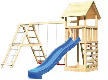 Akubi Kinderspielturm Lotti mit Wellenrutsche, Doppelschaukelanbau, Klettergerüst und Kletterwand blau (8469)