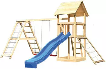 Akubi Kinderspielturm Lotti mit Wellenrutsche, Doppelschaukelanbau, Kletterger&uuml;st und Netzrampe blau (1726)