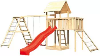 Akubi Kinderspielturm Lotti mit Wellenrutsche, Doppelschaukelanbau, Kletterger&uuml;st und Netzrampe rot (8500)