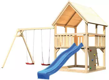 Akubi Kinderspielturm Luis mit Doppelschaukel, Kletterwand und Wellenrutsche blau (8710)