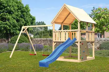 Akubi Kinderspielturm Luis mit Doppelschaukel, Kletterwand und Wellenrutsche blau (8710) – Akubi Kinderspielturm Luis: Ein Paradies für Kinder