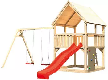 Akubi Kinderspielturm Luis mit Doppelschaukel, Kletterwand und Wellenrutsche rot (8713)