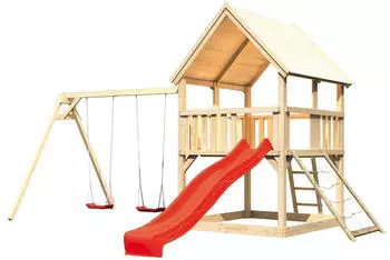 Akubi Kinderspielturm Luis mit Doppelschaukel, Netzrampe und Wellenrutsche rot (17369)