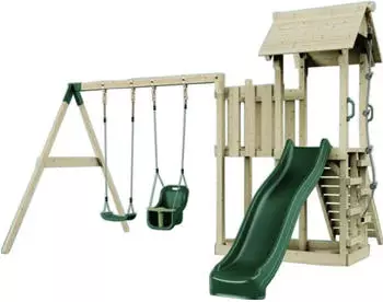 PolarPlay Spielturm Uppsala Schaukel Babyschaukel Kletterwand Rutsche Gr&uuml;n