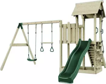 PolarPlay Spielturm Uppsala Schaukeln Trapezstange Kletterwand Rutsche Grün