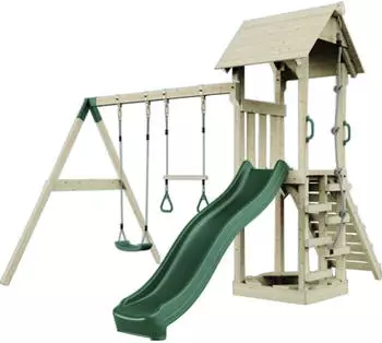 PolarPlay Spielturm Vimmerby Schaukel Trapezstange Rutsche Gr&uuml;n