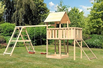 Akubi Kinderspielturm Lotti mit Doppelschaukel, Klettergerüst und Netzrampe naturbelassen (8440)