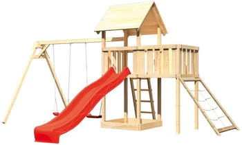 Akubi Kinderspielturm Lotti mit Wellenrutsche, Doppelschaukelanbau und Netzrampe rot (8496)